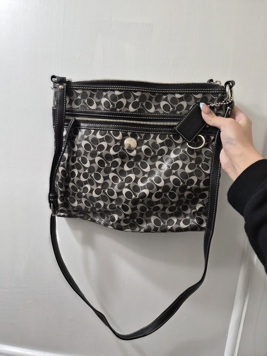 Coach Handbags - Coach Black and Gray Signature Crossbody with Leather Trim